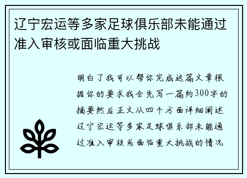 辽宁宏运等多家足球俱乐部未能通过准入审核或面临重大挑战 辽宁宏运等多家足球俱乐部未能通过准入审核或面临重大挑战
